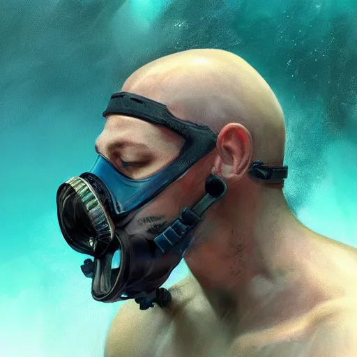 Image similar to a profile photo of a man with diving mask with tattoos on arm and neck, side profile in underwater, highly detailed, digital painting, artstation, concept art, smooth, sharp focus by raymond swanland and jesper ejsing rim light