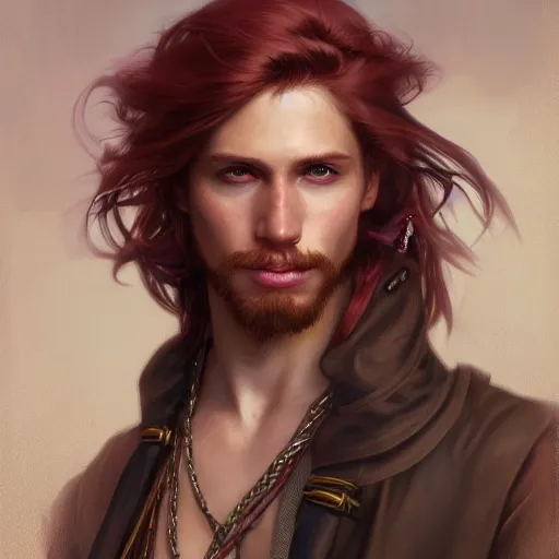 Prompt: portrait of a young carefree pirate, male, masculine, upper body, red hair, long hair, soft hair, D&D, fantasy, intricate, elegant, highly detailed, digital painting, artstation, concept art, matte, sharp focus, illustration, art by Artgerm and Greg Rutkowski and Alphonse Mucha