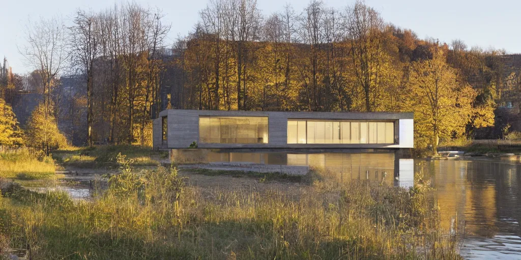 Image similar to a house by the river rhein close to mumpf designed by peter zumthor, beautiful ambient light, golden hour