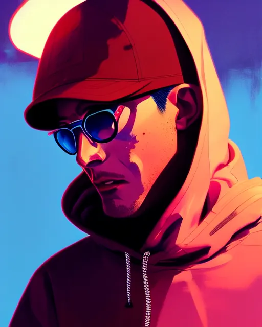 Image similar to neo - noir artstyle, hyper - realistic detailed portrait of a man in a hoodie, with neon visor, by atey ghailan, by greg rutkowski, by greg tocchini, by james gilleard, by joe fenton, by kaethe butcher, sharp focus