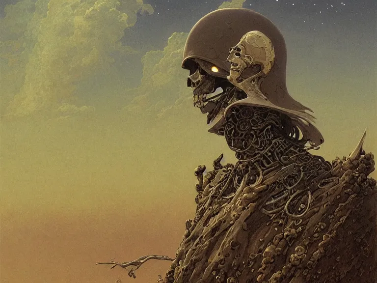 Image similar to a detailed profile illustration of skelleton, bounty hunter portrait symmetrica, aurora lighting clouds and stars by beksinski carl spitzweg and tuomas korpi. baroque elements. baroque element. intricate artwork by moebius. Trending on artstation. 8k