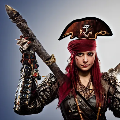 Image similar to photo of beautiful pirate queen with ornate armour, highly detailed, 4k, HDR, award-winning photo