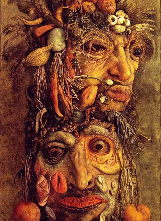 Prompt: a surreal painting of a shaman's face, by Giuseppe Arcimboldo, angels & demons, symbolist, soft colors, dramatic lighting, smooth, sharp focus, extremely detailed, aesthetically pleasing composition