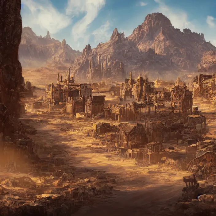 Image similar to large fantasy western town in the middle of a sandy desert with a mountain on the horizon. magic the gathering art, digital media