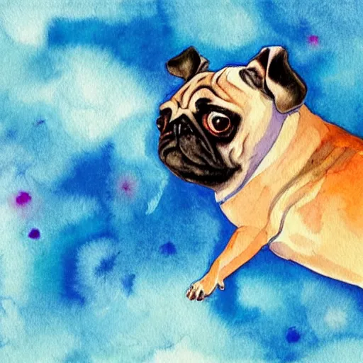 Prompt: a pug floating in space. watercolor. vibrant. amazing painting. beautiful. high resolution. highly realistic. cool tones. close - up.