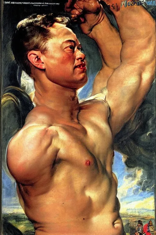 Prompt: portrait of a young muscular Elon Musk by peter Paul rubens and Norman Rockwell, big beefy chunky strong build