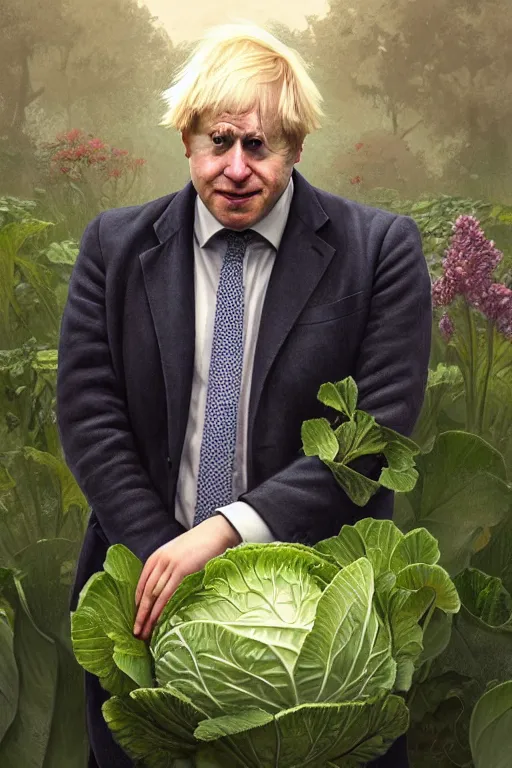 Image similar to boris johnson as garden bed for cabbage, realistic portrait, symmetrical, highly detailed, digital painting, artstation, concept art, smooth, sharp focus, illustration, cinematic lighting, art by artgerm and greg rutkowski and alphonse mucha