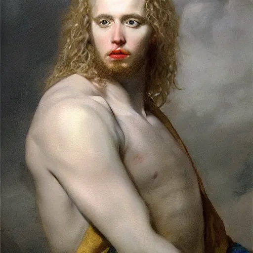 Image similar to a striking hyper real painting of Lucius the pretty pale androgynous albino prince, long fluffy curly light blond hair by Jan Matejko