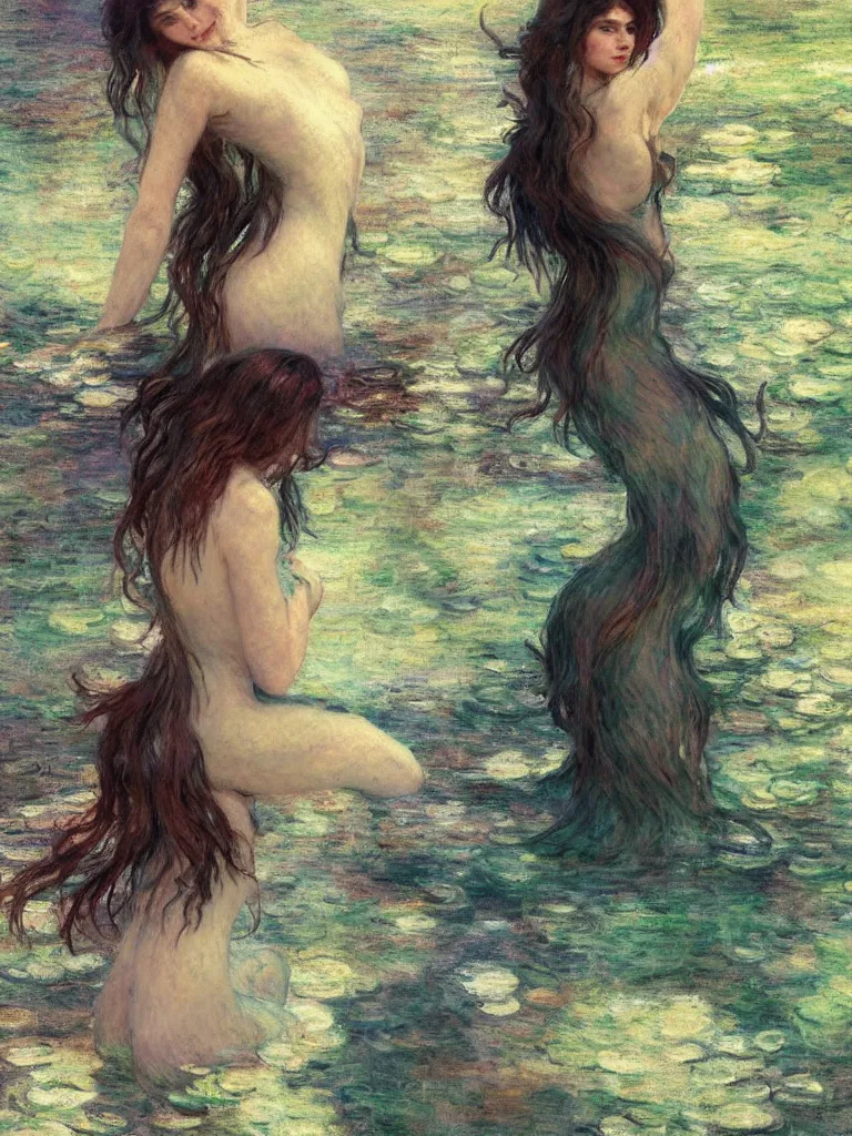 Image similar to illustration studio portrait of three dark beautiful mermaids female energy in artistic poses in the river at the forest, monet painterly motives and textures pattern, hyper detailed, octane render, vivid colors, artstation, by jeremy mann, by alphonse mucha, by monet