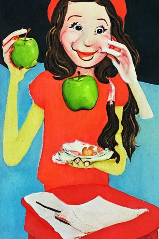 Image similar to a girl eating an apple by dr. suess