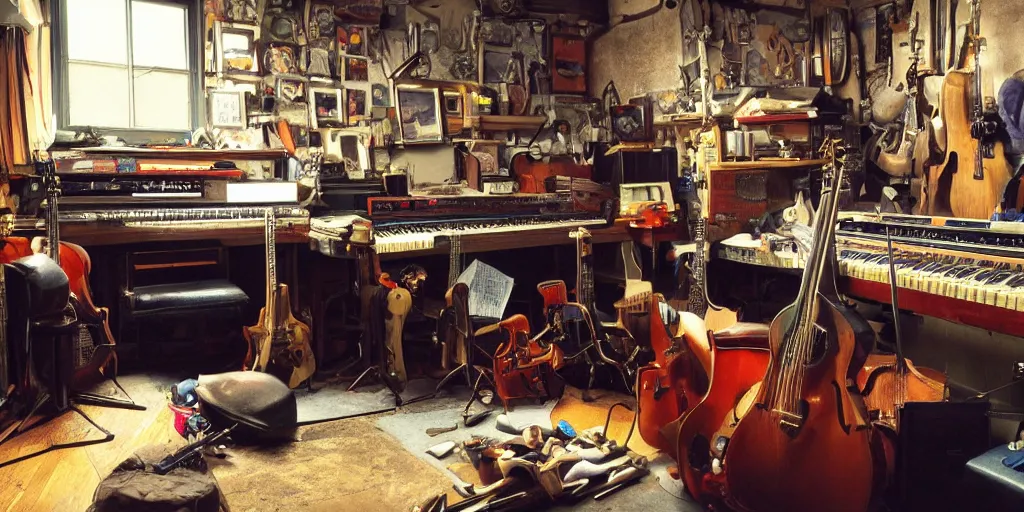 Image similar to a color photograph of a musician's basement studio with many things, workbench overloaded with broken instruments,, trending on artstation, hyperrealism