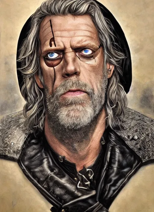 Prompt: one-eyed hugh laurie as odin with only one eye, wearing a leather eye-patch!, blind on eye, missing an eye, eyepatch, pirate, a raven on his shoulder, dark background, stormy clouds, hyperrealistic, very detailed painting by Glenn Fabry, by Joao Ruas, by Artgerm