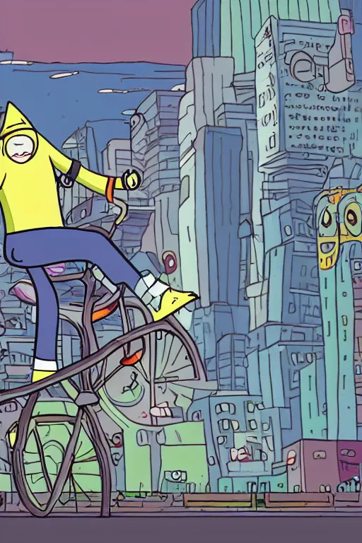 Image similar to illustration of an original character riding a bike in the big city, in the style of adventure time, by pendleton ward