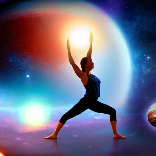 Prompt: yoga instructor holding a planet in her hands in space, trending on art station, cinematic shot, magical, 8 k