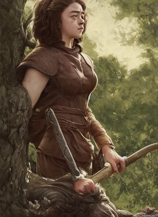 Image similar to tired Maisie Williams taking a rest under a tree after an long adventure a ruggedly muscled handsome heroine, intricate, elegant, highly detailed, centered, digital painting, artstation, concept art, smooth, sharp focus, illustration, artgerm, donato giancola, Joseph Christian Leyendecker, WLOP, Artgerm, thunder storm