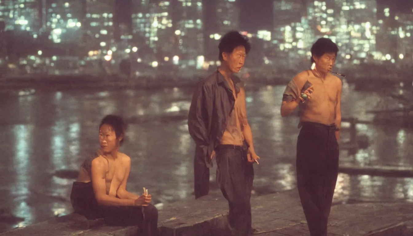 Image similar to 80s asian neon movie still with a man smoking cigarette by the river at night with city lights behind his back. Fallen angels movie still. hyperrealistic, high definition, medium format photography, highly detailed, tehnicolor