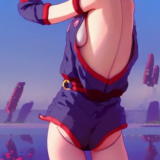 Image similar to beautiful boyish natalie portman gravure model in majora's mask, wearing big mayan bomber jacket with overalls and leotard, big bomber jacket with subtle mayan patterns, aztec bathing suit, gapmoe yandere grimdark, trending on pixiv fanbox, painted by greg rutkowski makoto shinkai takashi takeuchi studio ghibli, akihiko yoshida