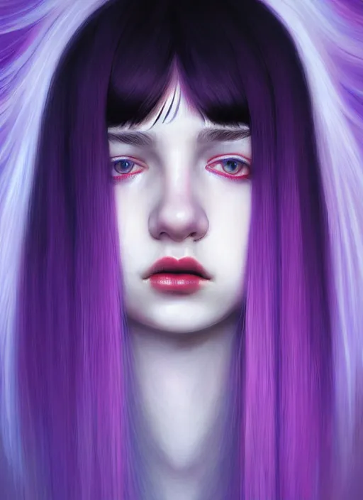 Image similar to hair whitebangs hair, black hair, whitebangs, portrait of teenage girl with white bangs, red irises, purple clothes, white bangs, bangs are different color from hair, intricate, elegant, glowing lights, highly detailed, digital painting, artstation, concept art, smooth, sharp focus, illustration, art by wlop, mars ravelo and greg rutkowski