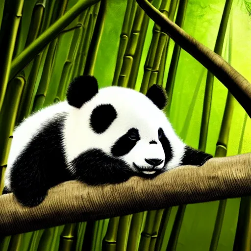 Prompt: A baby panda sleeping in a bamboo forest, highly detailed body ,it is raining, night time , peaceful atmosphere, moody lighting , digital art , highly detailed , high contrast, beautiful lighting, award winning , trending on art station, photorealistic, 8k