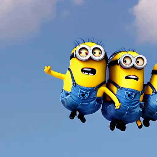 Prompt: minions flying on a plane made out of a banana
