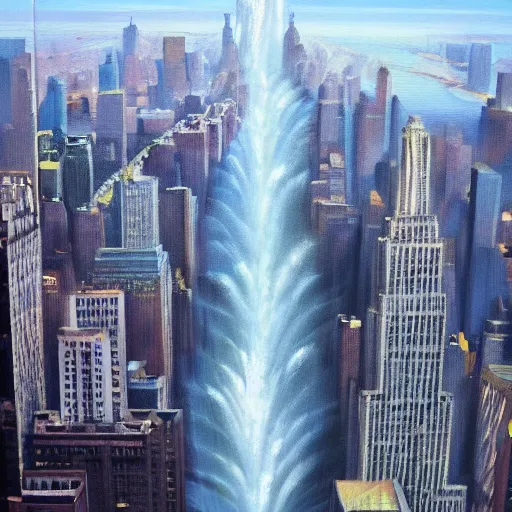 Prompt: an hyper - realist oil painting of waterfalls from the empire state building's windows, from below, wide angle, water falling from the windows, new york background, detailled, sharp focus, realistic, trending on artstation, cg society, 8 k, unreal