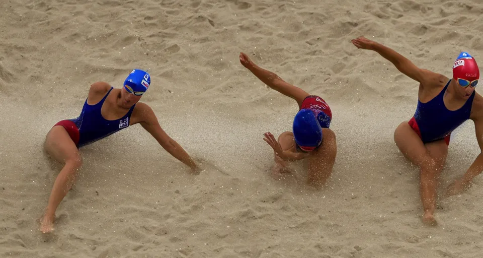 Image similar to olympic swimming in sand instead of water, extremely coherent, motion blur