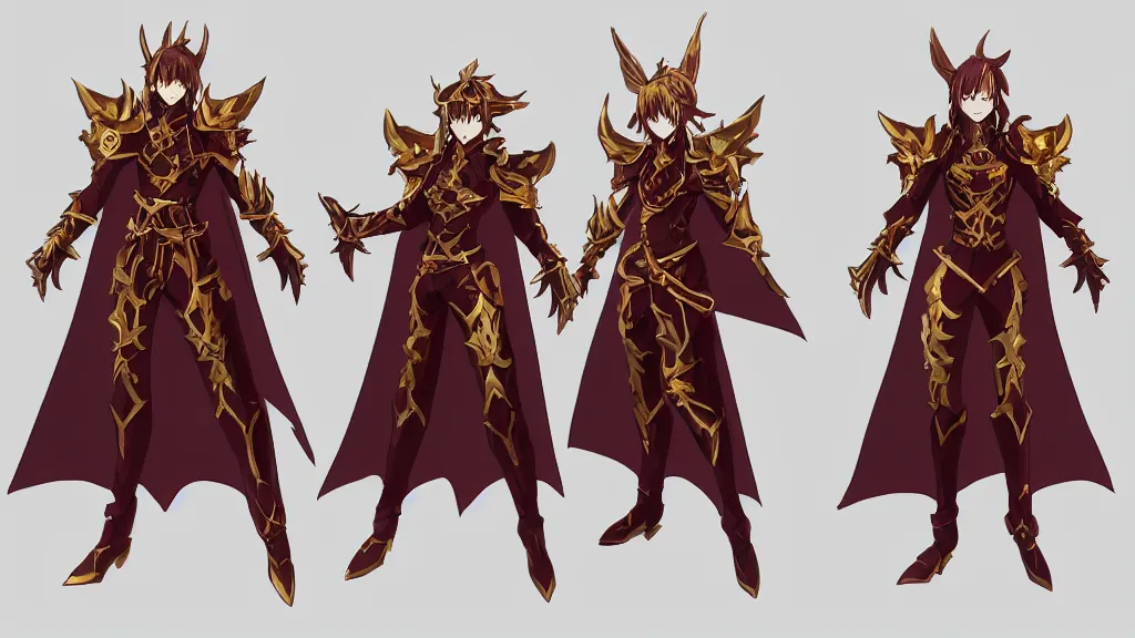 Image similar to Azure Makai Knight from Golden Knight Garo character design sheet, intricate trident weapon, red cape, trending on artstation