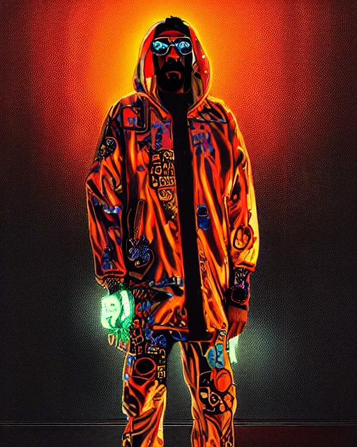 Image similar to detailed full body portrait of snoop dogg, cyberpunk futuristic neon, orange reflective puffy coat, decorated with traditional Japanese ornaments by Ismail inceoglu dragan bibin hans thoma greg rutkowski Alexandros Pyromallis Nekro Rene Maritte Illustrated, Perfect face, fine details, realistic shaded, fine-face, pretty face