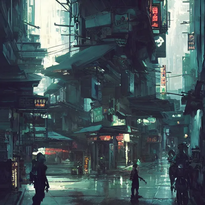 Prompt: noir street scene from cyberpunk thailand of the future, digital art, concept art, by greg rutkowski, by syd mead
