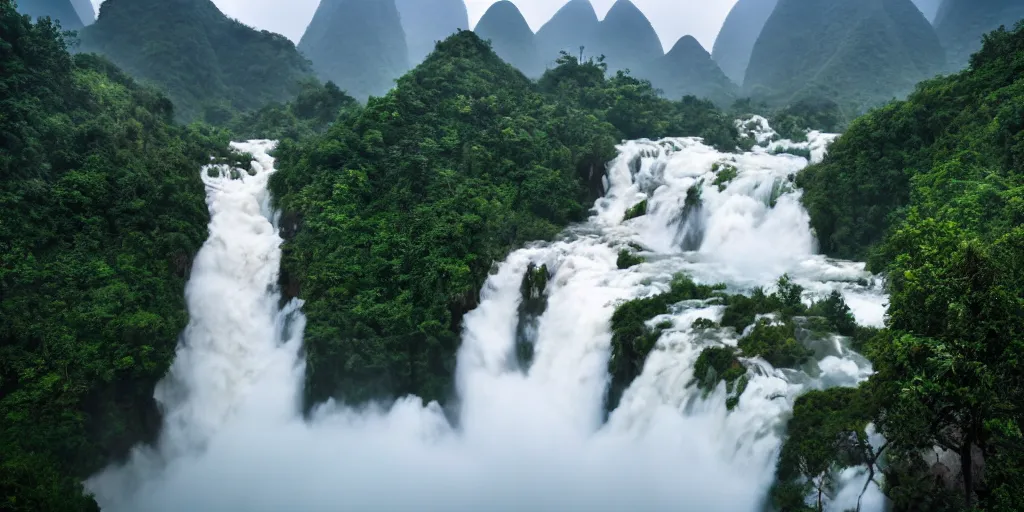 Image similar to Cloudy peaks in southern China with waterfalls, the style of National Geographic magazine