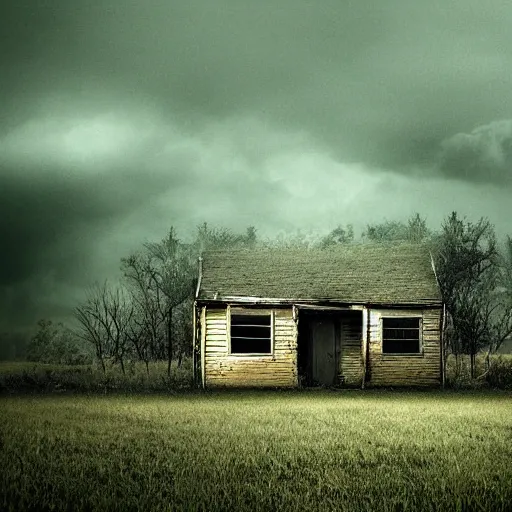 Image similar to a house in the middle of nowhere,realistic,award winning photograph,scary,eerie