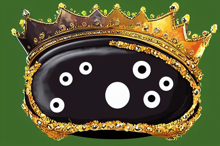 Image similar to giant black bean wearing a kings crown, with googly eyes and smiling, digital art,