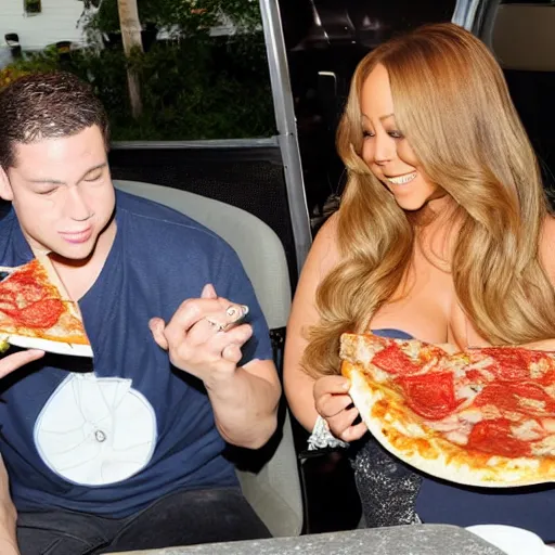 Image similar to mariah carey eating pizza, outside in parking lot