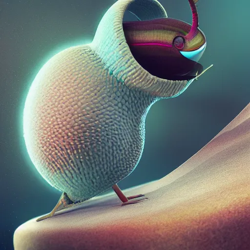 Prompt: a snailbird, a snailbird is a snail mixed with a bird, octane render, unreal engine, uhd, by beeple and the best digital artists alive,