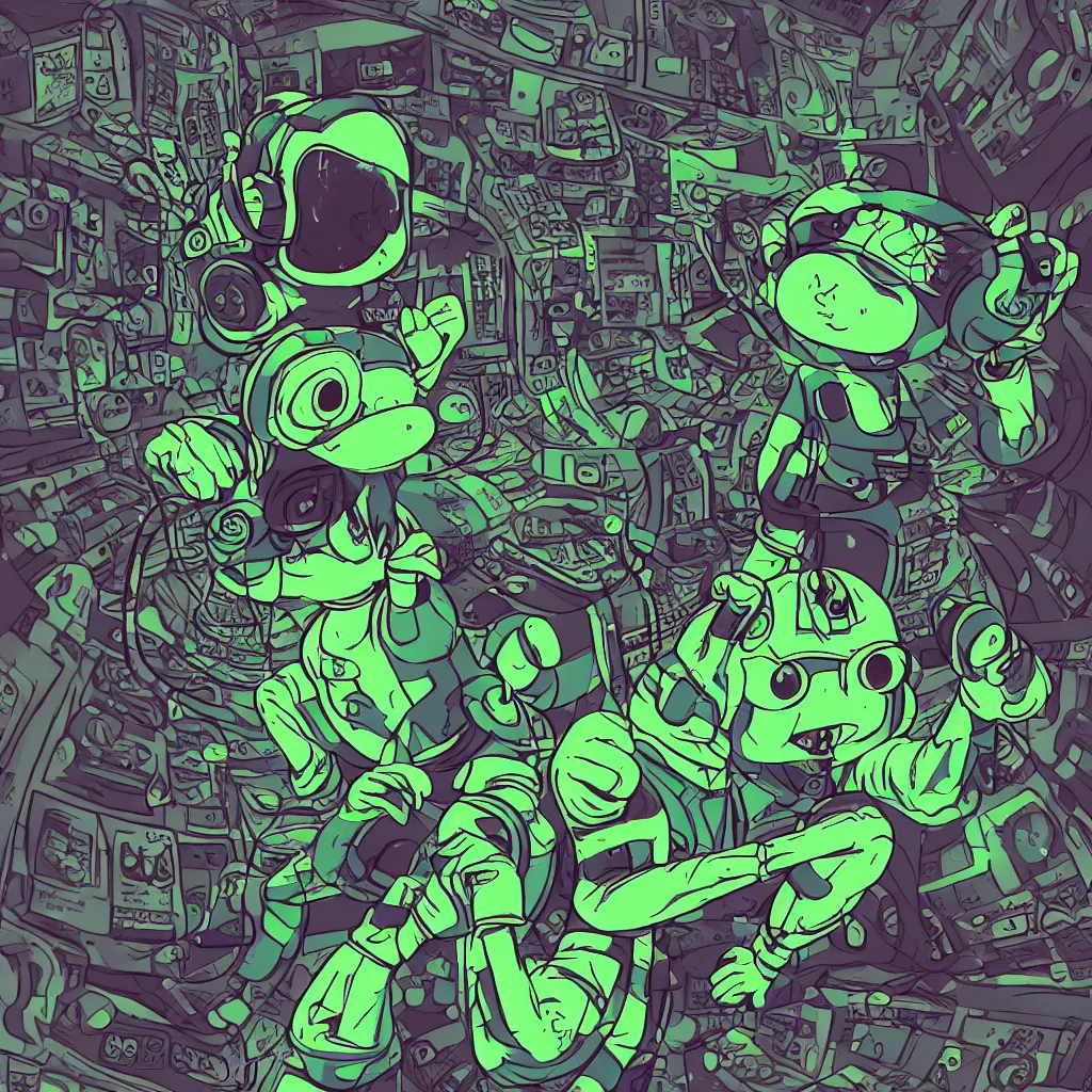 Prompt: a toad wearing headphones, ryuta ueda artwork, breakcore, style of jet set radio, y 2 k, gloom, space, cel - shaded art style, record store, data, minimal, code, cybernetic, dark, eerie, cyber