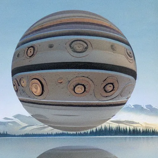 Image similar to a giant metal sphere, adorned with canadian aboriginal patterns, hovering above a lake in Yukon, Ralph McQuarrie, concept art, dramatic perspective.