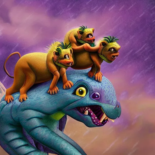 Image similar to super - detailed timon & pumba riding a purple dragon in a storm, ultrarealistic, highly detailed, soft colors