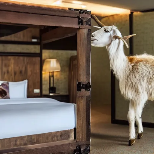 Prompt: a goat farm in your five star hotel room