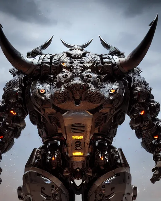 Image similar to a full body shot of an imposing cyborg ( bull ) modeled after a bull looking into the camera, android, cyborg, full body shot, intricate, 3 d, hyper realism, symmetrical, octane render, strong bokeh, fantasy, highly detailed, depth of field, digital art, artstation, concept art, cinematic lighting, trending