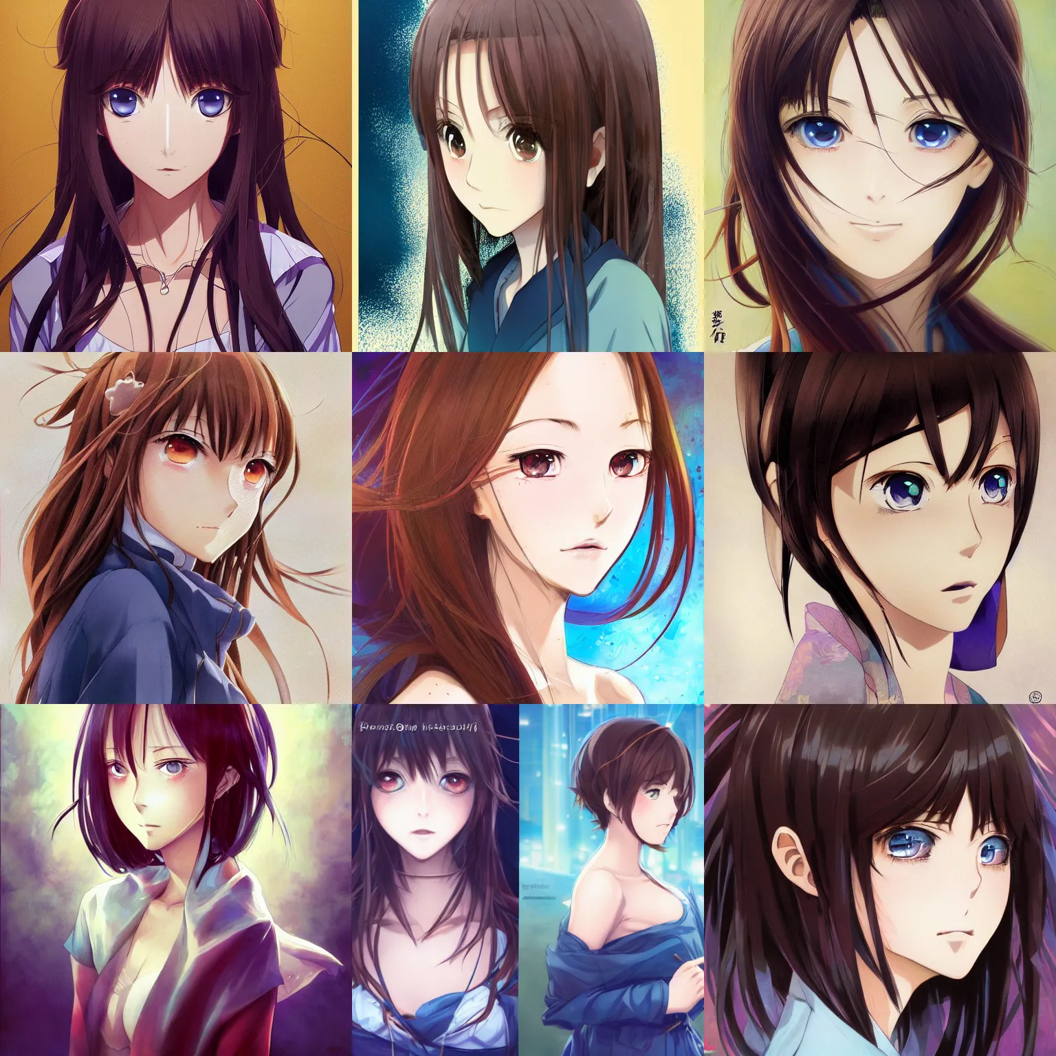 Prompt: An anime portrait of a woman with straight shoulder-length brown hair, a part in her hair, with bright blue eyes, a big forehead, and large eyebrows, without glasses, medium shot portrait, by Stanley Artgerm Lau, WLOP, Rossdraws, James Jean, Andrei Riabovitchev, Marc Simonetti, and Sakimi chan, trending on artstation