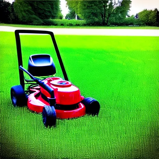 Prompt: “ john deer color lawn mower with eyes and a hand at the end of its pull cord, rolling a cigarette filled with grass. pile of cut grass on the ground pouring out of a lawn mower bag next to him ”