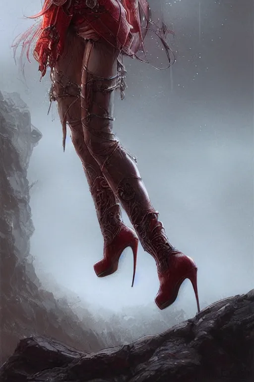 Image similar to red women's boots shoes only, by wlop, by luis royo, by peter mohrbacher, concept art, digital illustration, intricate, masterpiece, elegant, super detailed, unreal engine rendering, smooth, sharp focus, artstation hq