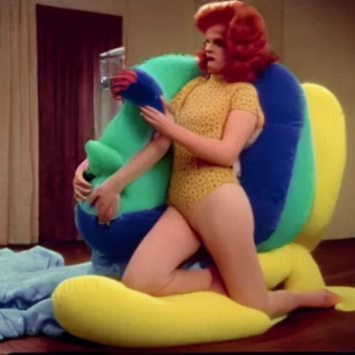 Image similar to bored housewife meets a sad inflatable toy in a seedy motel room, 1978 color Fellini film, ugly motel room with dirty walls and old furniture, archival footage, technicolor film, 16mm, live action, John Waters, campy and colorful