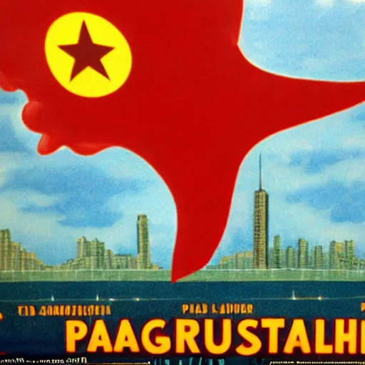 Image similar to Pulgasari the North Korean starfish monster destroying Pyongyang city, volumetric lighting, filmstill, produced by Kim Jong-il, Kodachrome, kaiju-eiga, monster movie, communist propaganda, film noir, 35mm film grain, Cooke Varotal 20-100mm T3.1, in the style of Ishirō Honda and Stanley Kubrick