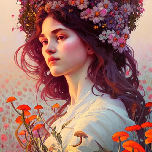 Image similar to Portrait of a girl surrounded by flowers and mushrooms, face, fantasy, intricate, elegant, highly detailed, digital painting, artstation, concept art, smooth, sharp focus, illustration, art by Fernanda Suarez and Artem Demura and alphonse mucha