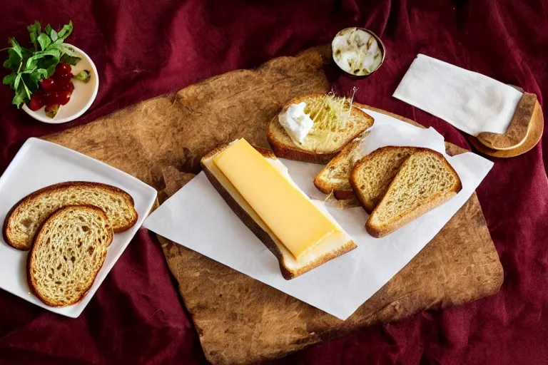 Prompt: 7 0 s food photography of an opulent spread of cheese on toast, on a velvet table cloth, dramatic diffused lighting