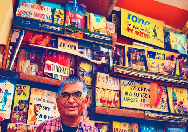 Image similar to home photography portrait, A shopkeeper guy of the SHOME and his family , floor, signboards , poster ; summer, Color VHS picture quality with mixed noise