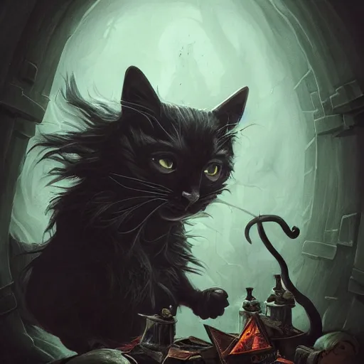 Image similar to Anthropomorphized dark Cat, evil, brewing potion in witch Hut, magic the gathering artwork, horror, D&D, fantasy, cinematic lighting, centered, symmetrical, highly detailed, digital painting, artstation, concept art, smooth, sharp focus, illustration, volumetric lighting, epic Composition, 8k, art by Akihiko Yoshida and Greg Rutkowski and Craig Mullins, oil painting, cgsociety