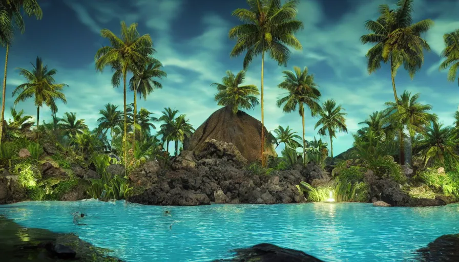 Image similar to volcano at night, moonlight, soothing lush landscape, detailed aqua lagoon, surrounded by crystal palm trees, unreal engine, realistic shading, realistic render, octane render, detailed textures, photorealistic, wide shot