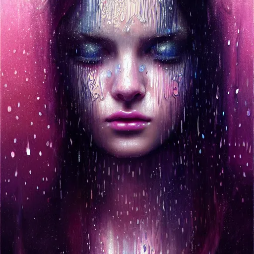 Image similar to professional portrait of girl in psychedelic rain with wet hair and face, fantasy, intricate, elegant, dramatic lighting, intense emotion, highly detailed, lifelike, photorealistic, digital painting, artstation, concept art, smooth, sharp focus, illustration, art by John Collier and Albert Aublet and Krenz Cushart and Artem Demura and Alphonse Mucha